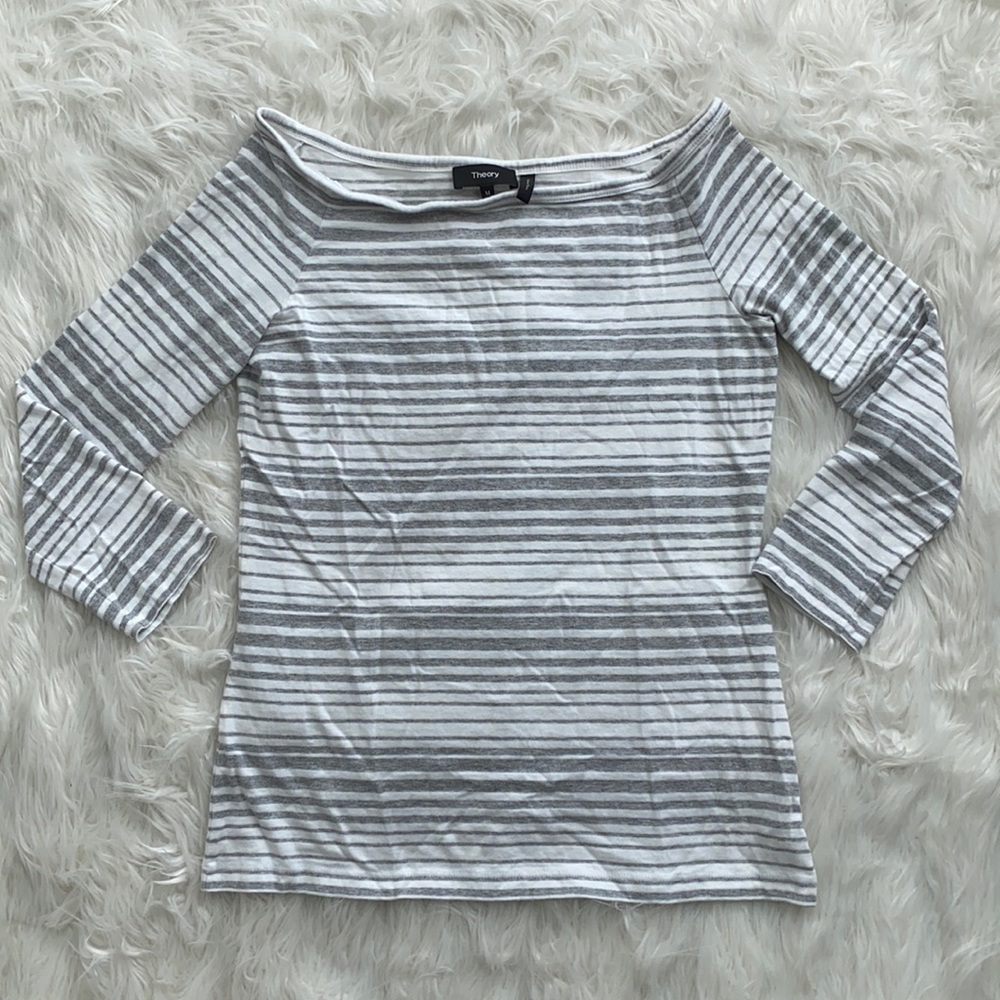 Theory | Striped Boat Neck 3/4 Sleeve Top